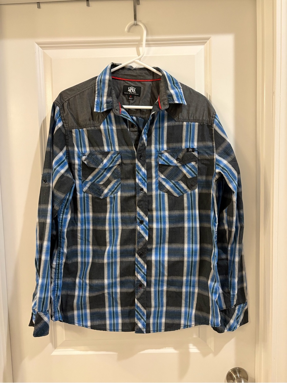 Rock & Republic Blue and Black Plaid Shirt with Red Trim Detail